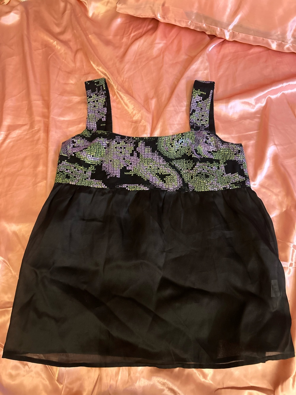 Black Top with Lavender and Green Beaded Bodice